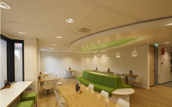 3D printed luminaires in break room at office